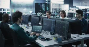 Team of engineers coding at desks with multiple monitors in a server room by dim blue lighting in the background.