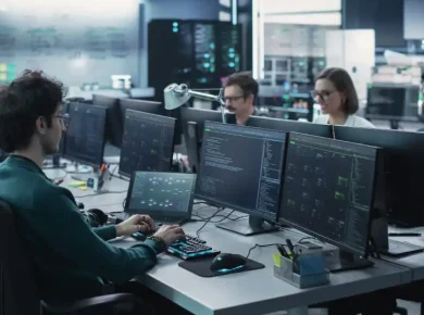 Team of engineers coding at desks with multiple monitors in a server room by dim blue lighting in the background.