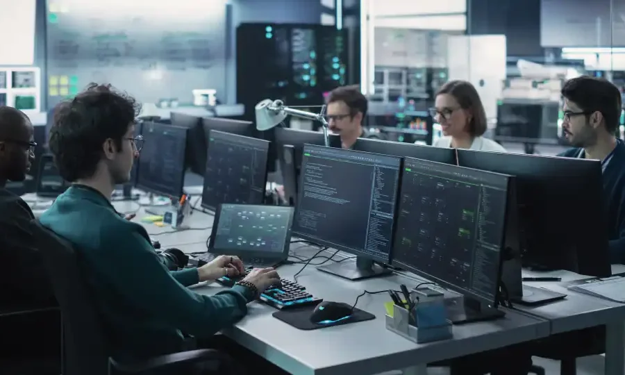 Equipo de ingenieros programando en sus escritorios, con varios monitores, en una sala de servidores, con una tenue luz azul de fondo.