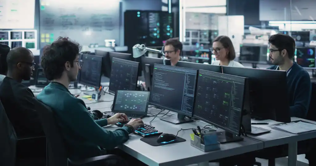 Team of engineers coding at desks with multiple monitors in a server room by dim blue lighting in the background.
