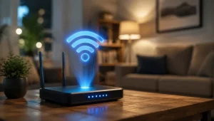 Wireless router emitting a blue Wi‑Fi signal in a cozy living room on a wooden table.