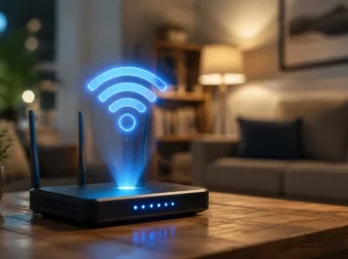 Wireless router emitting a blue Wi‑Fi signal in a cozy living room on a wooden table.