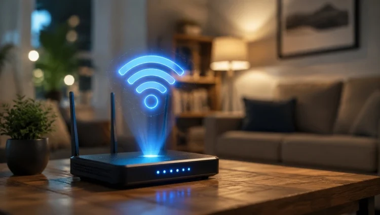 Enrutador inalámbrico que emite una señal de Wi‑Fi azul en una acogedora sala de estar sobre una mesa de madera.