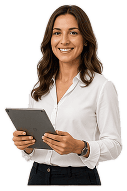 Mujer sonriente con una blusa blanca sosteniendo una computadora tableta, mirando a la cámara.