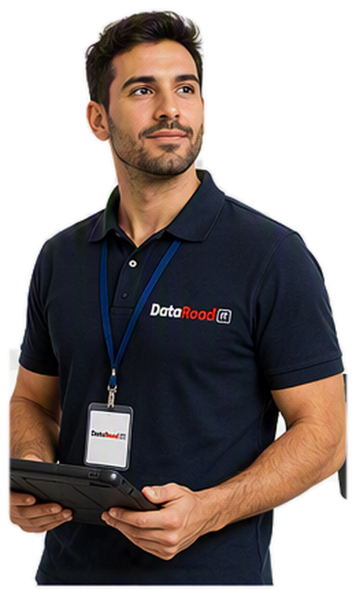 Técnico da DataRoad com crachá, em intervenção no local
