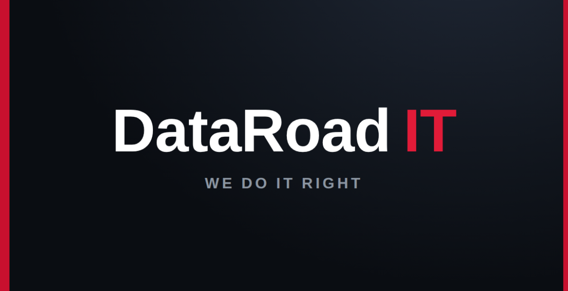 DataRoad IT logo on a dark gradient background with red accents and the motto 'WE DO IT RIGHT' below the name.