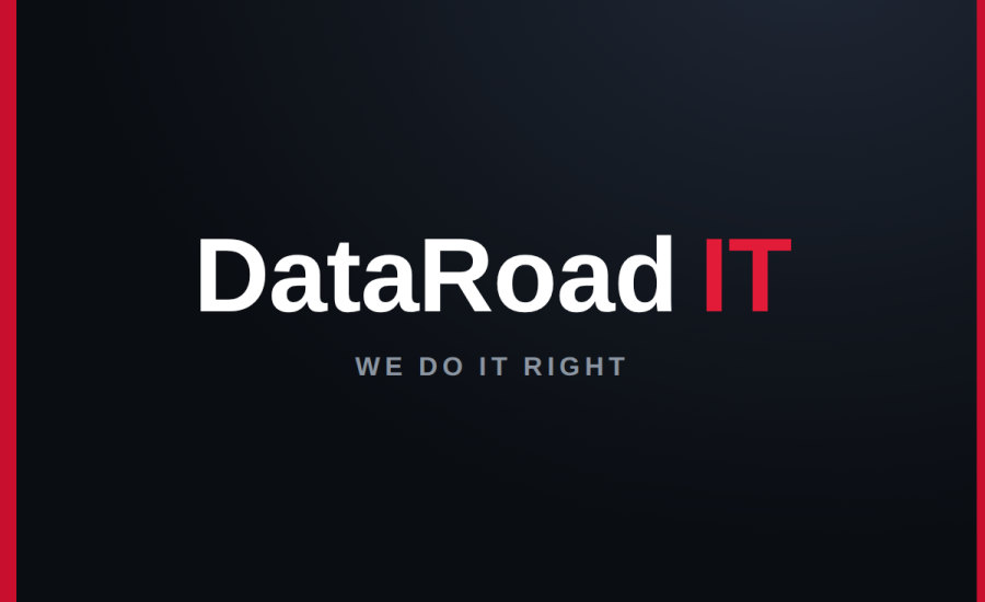 DataRoad IT logo on a dark gradient background with red accents and the motto 'WE DO IT RIGHT' below the name.