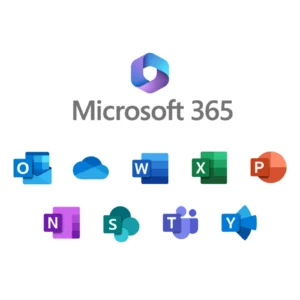 Logotipo de Microsoft 365 centrado sobre una fila de iconos de aplicaciones coloridos (Outlook, OneDrive, Word, Excel, PowerPoint) que indica el conjunto de aplicaciones de Microsoft 365.