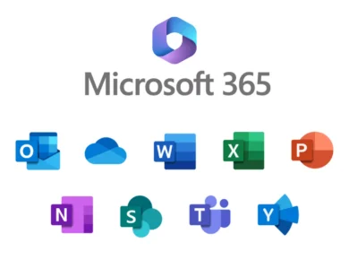 The Microsoft 365 logo is centred above a row of colourful app icons (Outlook, OneDrive, Word, Excel, PowerPoint), representing the suite of Microsoft 365 apps.