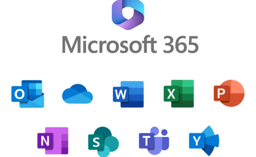 Logo de Microsoft 365 centré au-dessus d'une rangée d'icônes d'applications colorées (Outlook, OneDrive, Word, Excel, PowerPoint) indiquant la suite d'applications Microsoft 365.