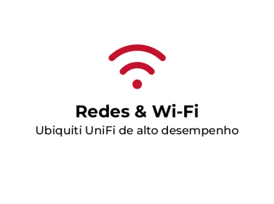 Wi‑Fi networks banner with a red wireless symbol and the text 'Redes & Wi‑Fi' and subtitle 'Ubiquiti UniFi de alto desempenho'