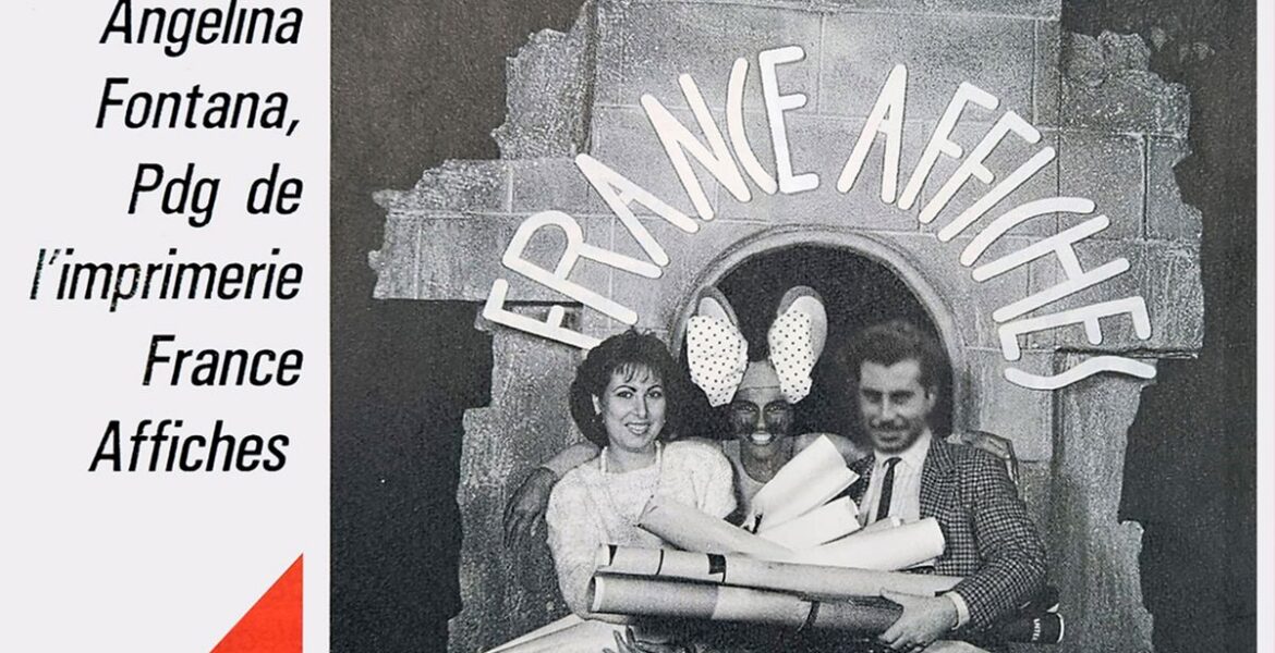 Recorte de imprensa de 1984 com Angelina Fontana, fundadora da imprimerie France Affiches