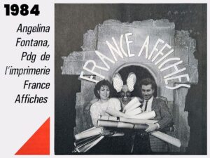 Recorte de imprensa de 1984 com Angelina Fontana, fundadora da imprimerie France Affiches