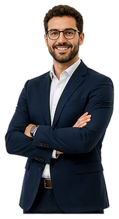 Confident businessman in a navy suit with white shirt and glasses, arms crossed and smiling.
