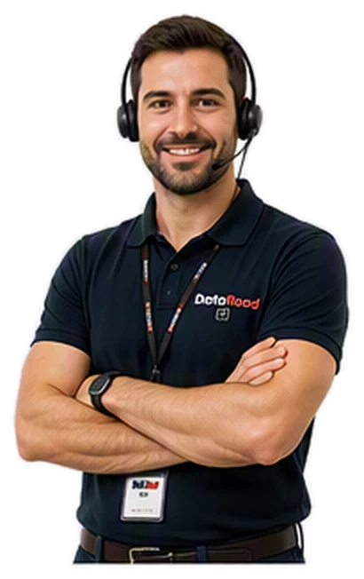 A customer support specialist wearing a headset, with their arms crossed, in a dark polo shirt bearing the company logo and an ID badge.