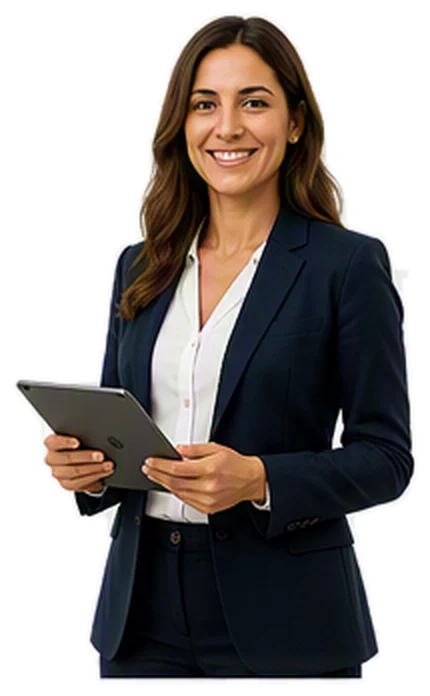 Professional woman in a navy blazer and white blouse holding a tablet and smiling.