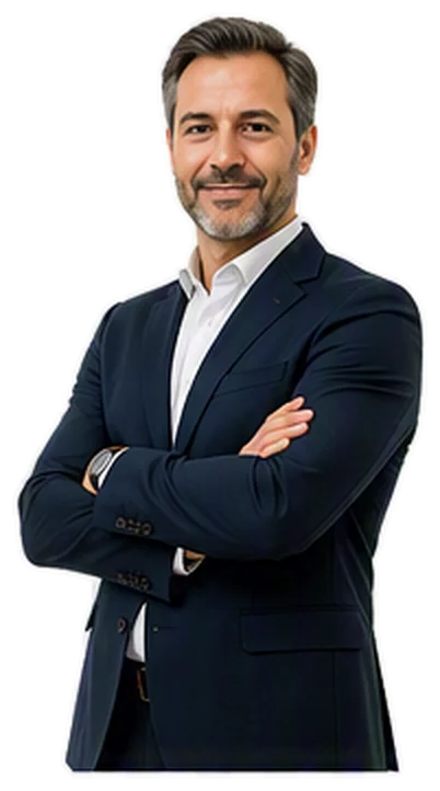 Businessman in a navy suit with arms crossed, looking confident against a white background.