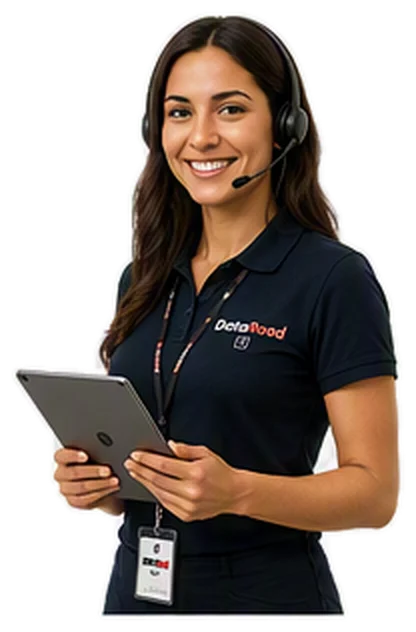 Customer support agent with headset holding a tablet.