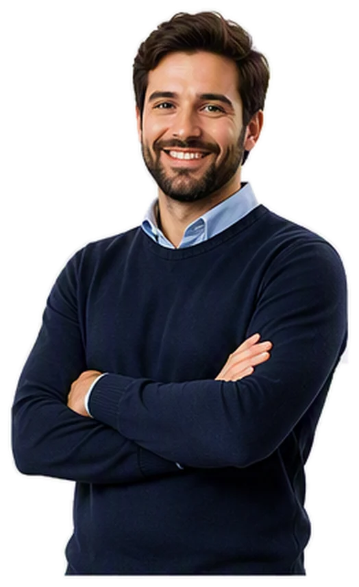 Smiling man with dark hair and beard, wearing a navy sweater over a light blue shirt, arms crossed.